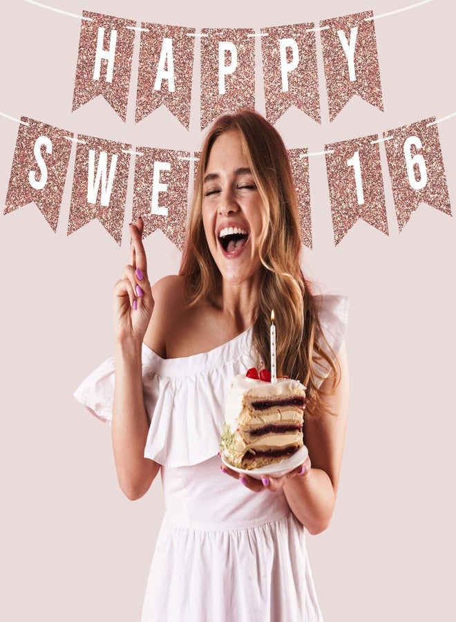Perfect Occasion لافتة عيد ميلاد "عيد ميلاد سعيد 16" جاهزة للتزيين - لا حاجة للتجميع - لافتة حفلة عيد ميلاد "عيد ميلاد سعيد 16" لامعة باللون الذهبي الوردي - زينة جاهزة للتزيين على خيوط بطول 6 أقدام - زينة حفلة عيد ميلاد باللون الذهبي الوردي. هل ذكرنا أنها لا تحتاج إلى تجميع؟ - Image 2